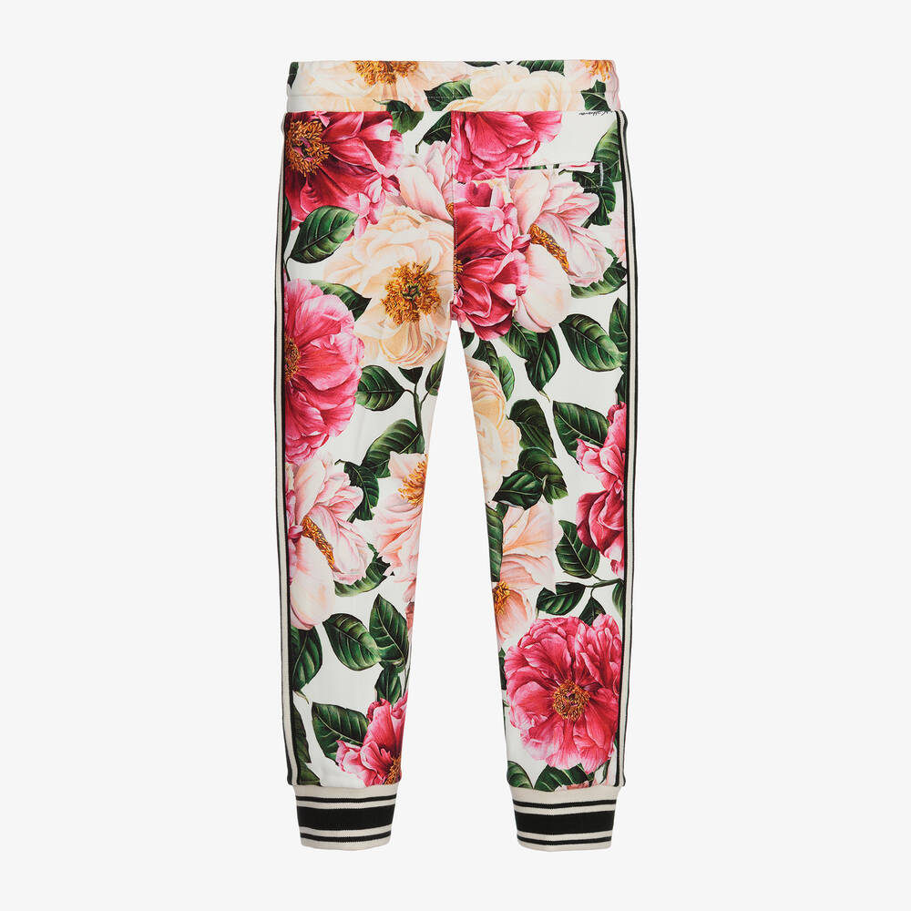 Dolce & Gabbana-Спортивные брюки цвета слоновой кости и розового цвета с камелиями | Childrensalon Outlet