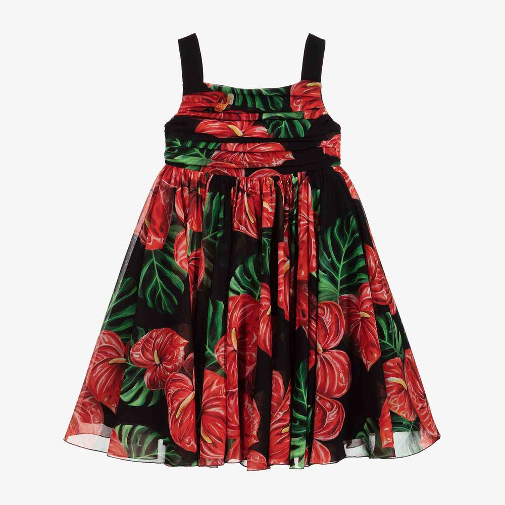 Dolce & Gabbana - فستان حرير شيفون لون أسود، أحمر وأخضر | Childrensalon