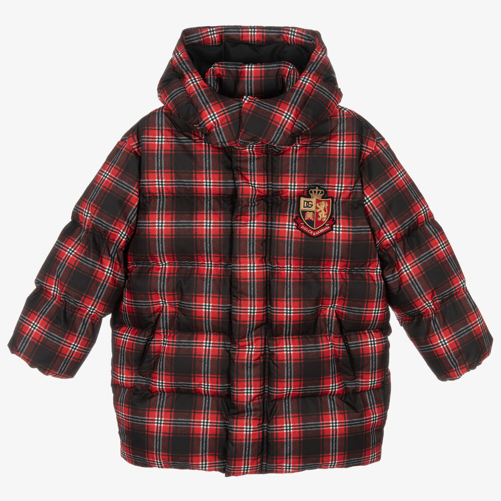 Dolce & Gabbana - Red Check Hooded Puffer Coat | Childrensalon