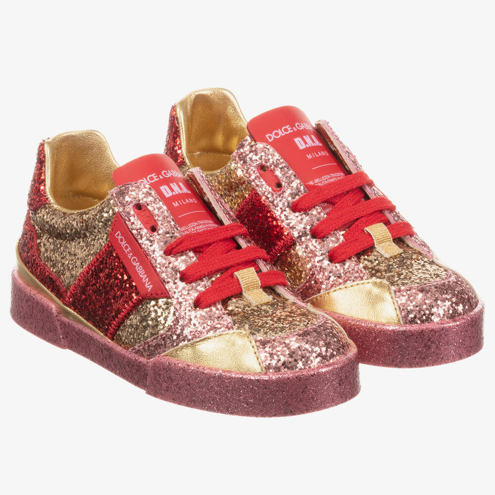 Dolce & Gabbana - Red & Gold Glitter Trainers | Childrensalon