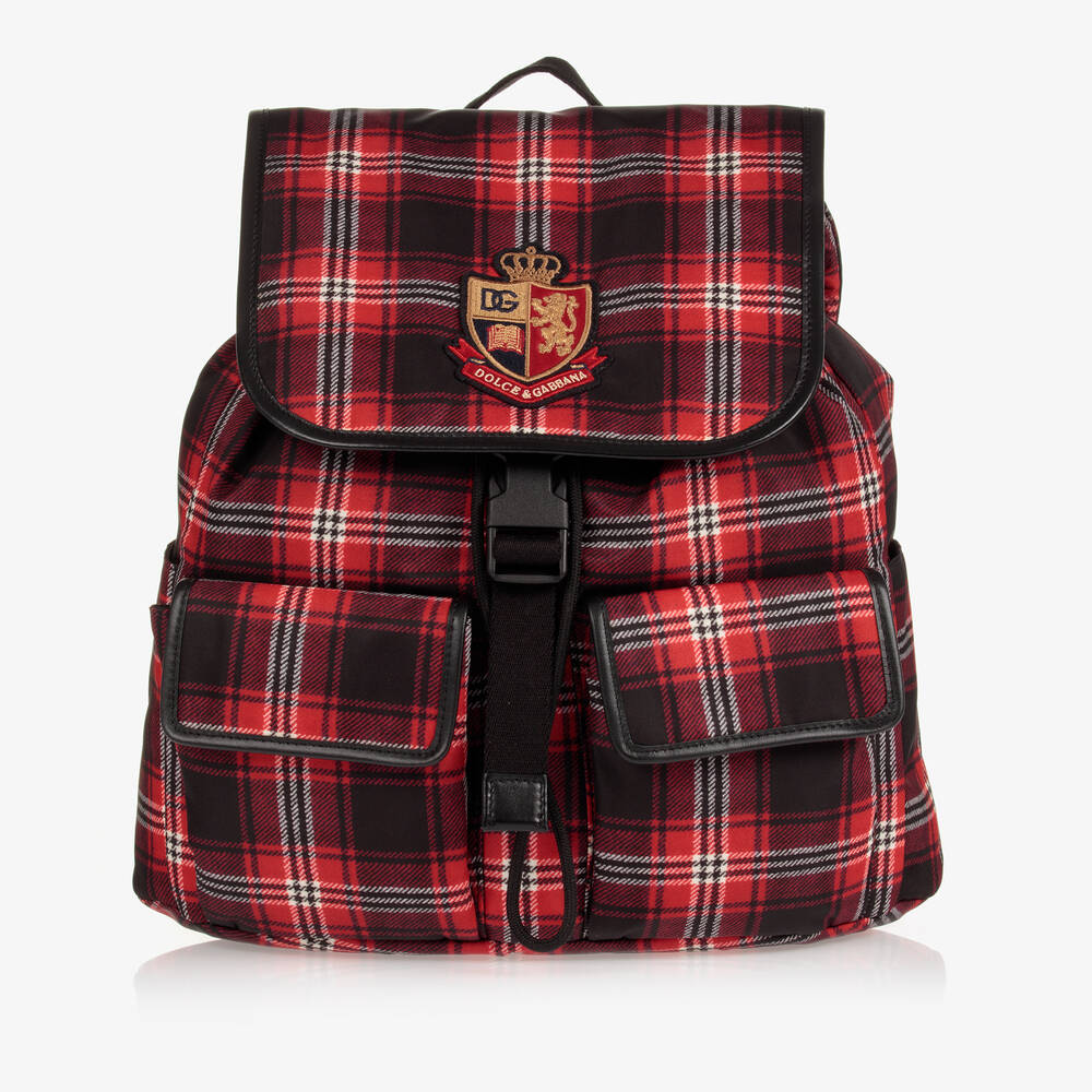 Dolce & Gabbana - حقيبة ظهر تارتان لون أحمر وأسود (34 سم) | Childrensalon