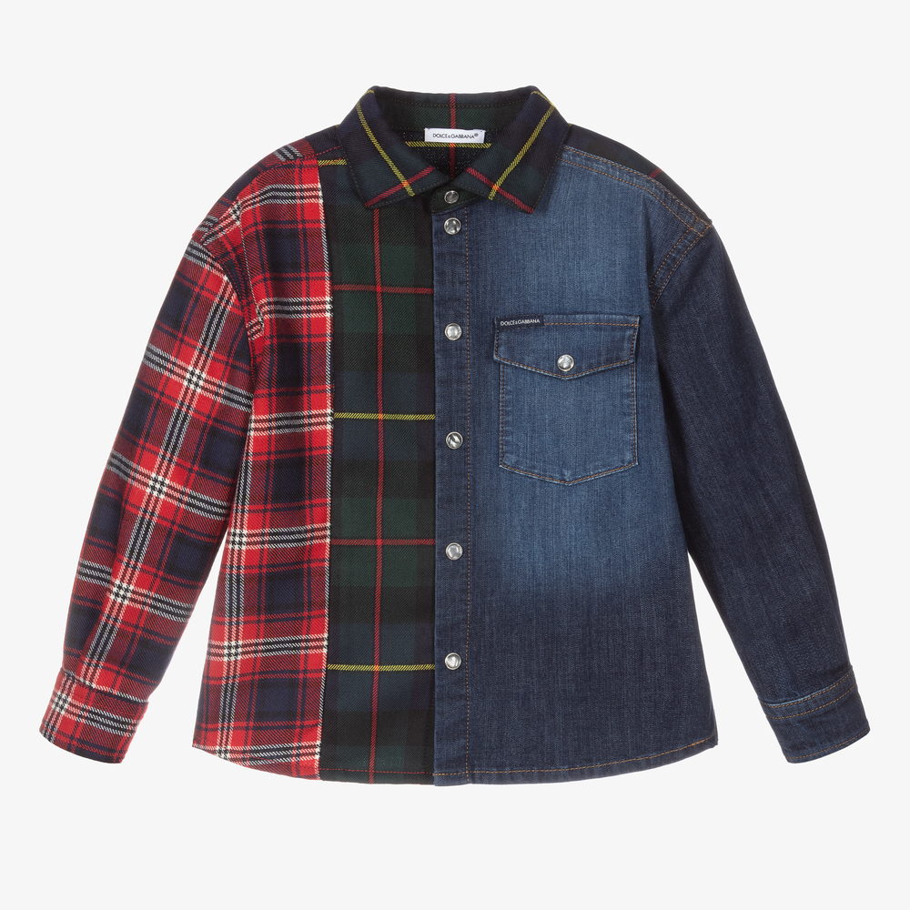 Dolce Gabbana Red Tartan Blue Denim Shirt Childrensalon Outlet