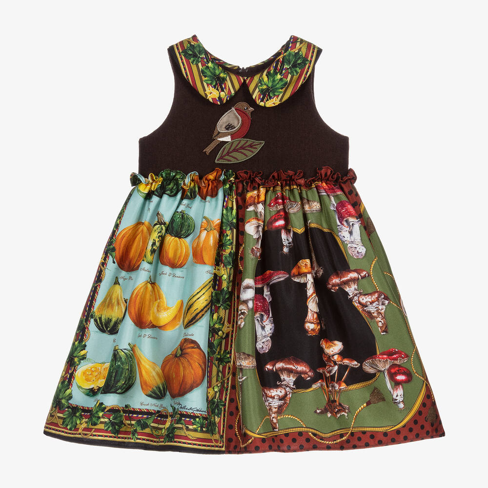 Dolce & Gabbana - طقم فستان حرير وصوف لون بنّي للمولودات | Childrensalon