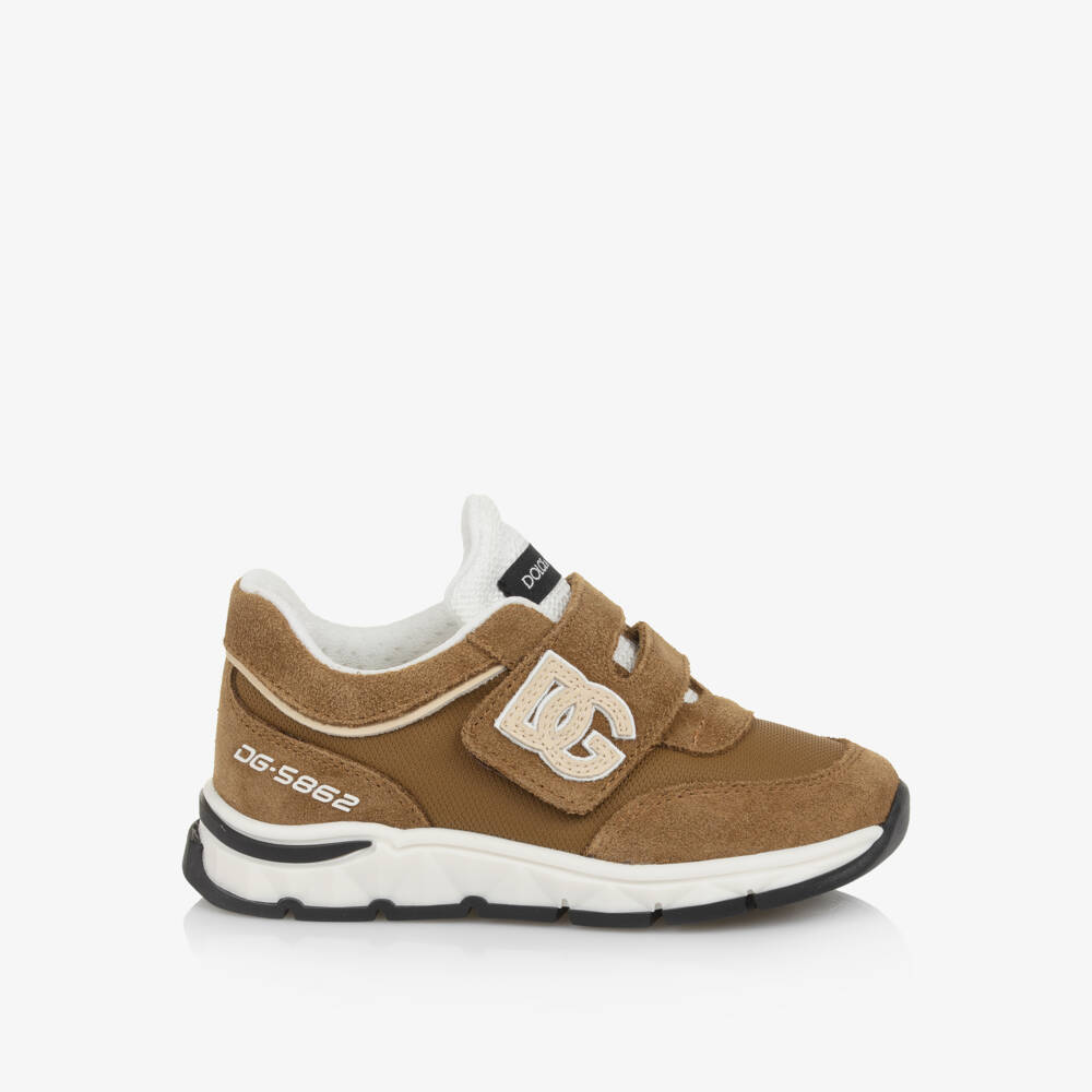Dolce & Gabbana-Tan Brown Suede & Mesh DG Logo Velcro Trainers | Childrensalon Outlet