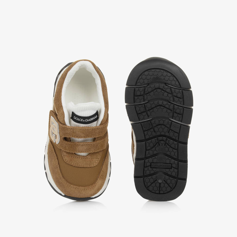 Dolce & Gabbana-Tan Brown Suede & Mesh DG Logo Velcro Trainers | Childrensalon Outlet