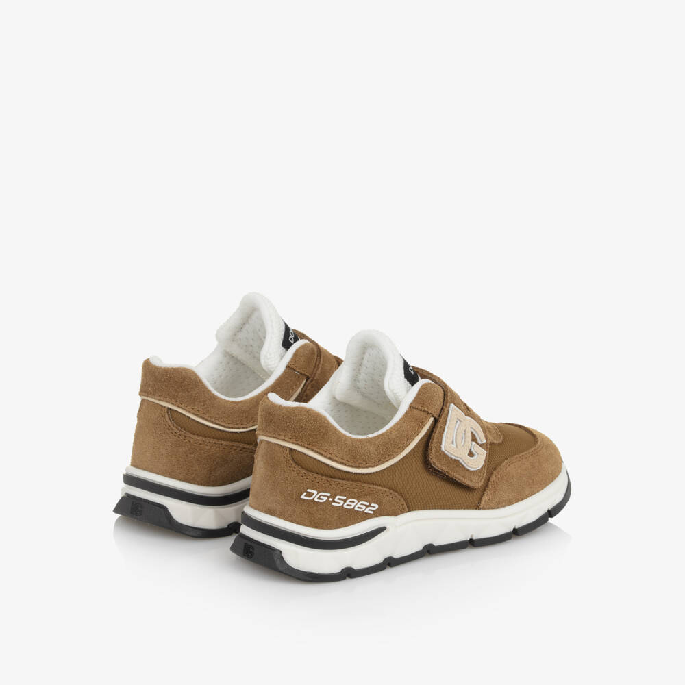 Dolce & Gabbana-Tan Brown Suede & Mesh DG Logo Velcro Trainers | Childrensalon Outlet