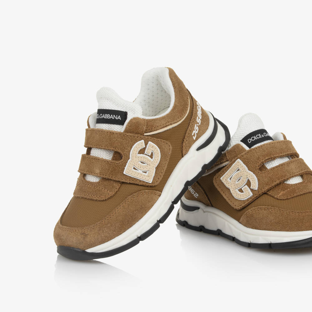 Dolce & Gabbana-Tan Brown Suede & Mesh DG Logo Velcro Trainers | Childrensalon Outlet