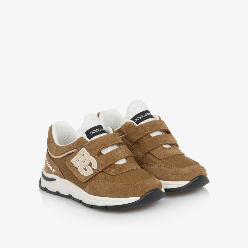 Dolce & Gabbana-Tan Brown Suede & Mesh DG Logo Velcro Trainers | Childrensalon Outlet