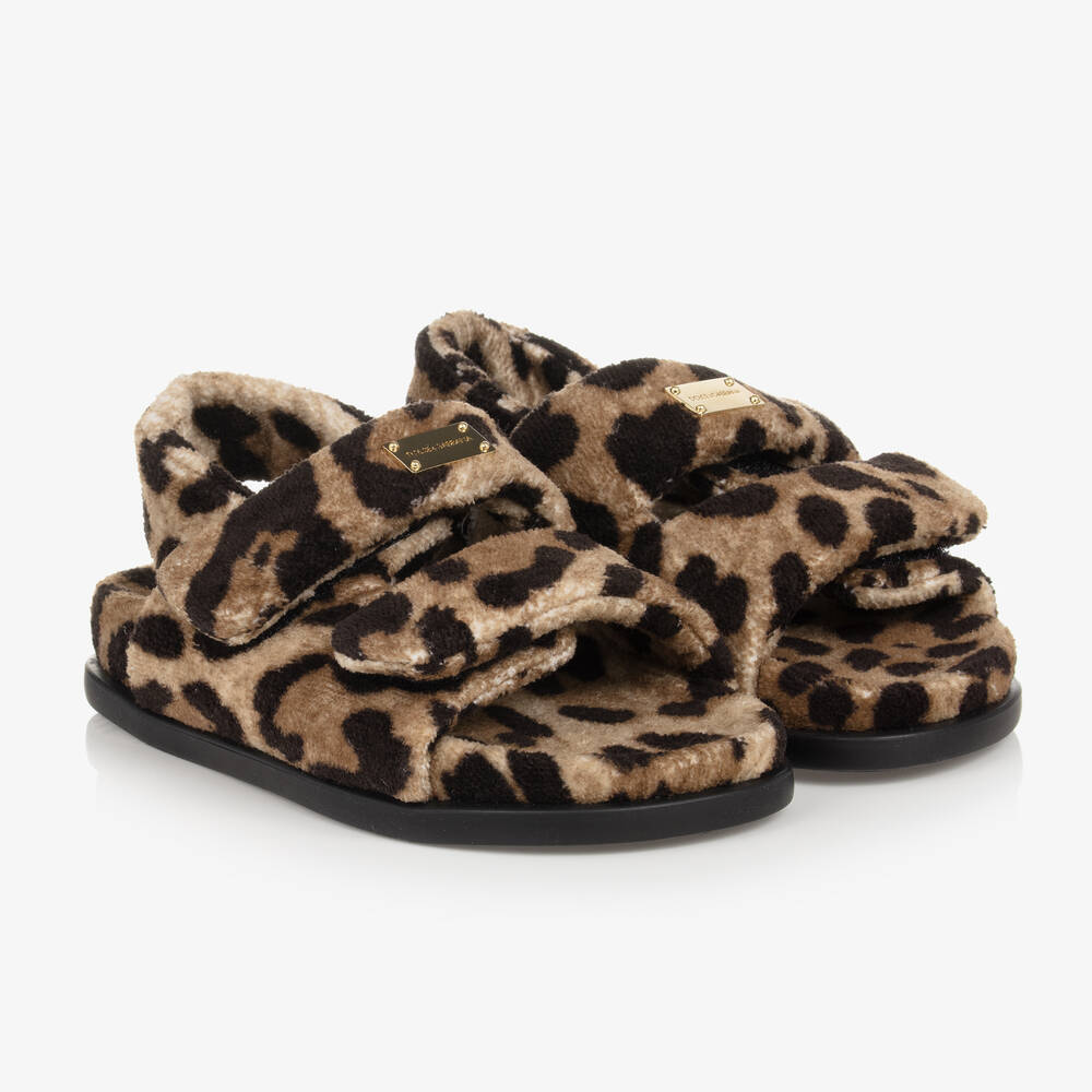 Dolce & Gabbana - Бежевые махровые сандалии с леопардовым принтом | Childrensalon