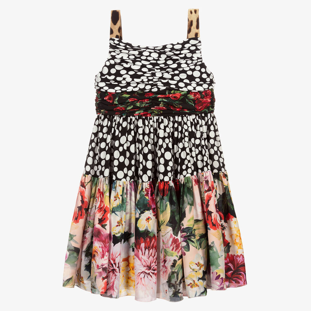 Dolce & Gabbana-فستان حريرلون أسود بطبعة ملونة | Childrensalon Outlet