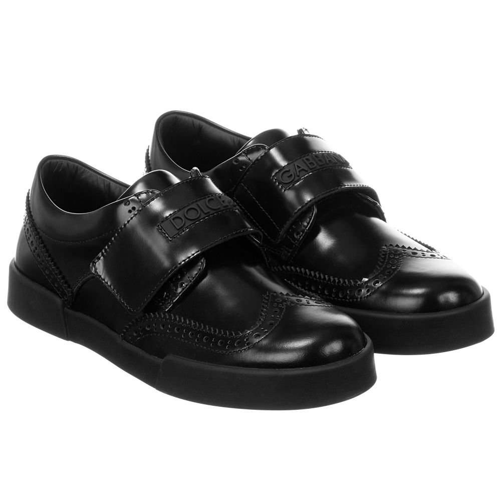 Teen Black Logo Velcro Brogues