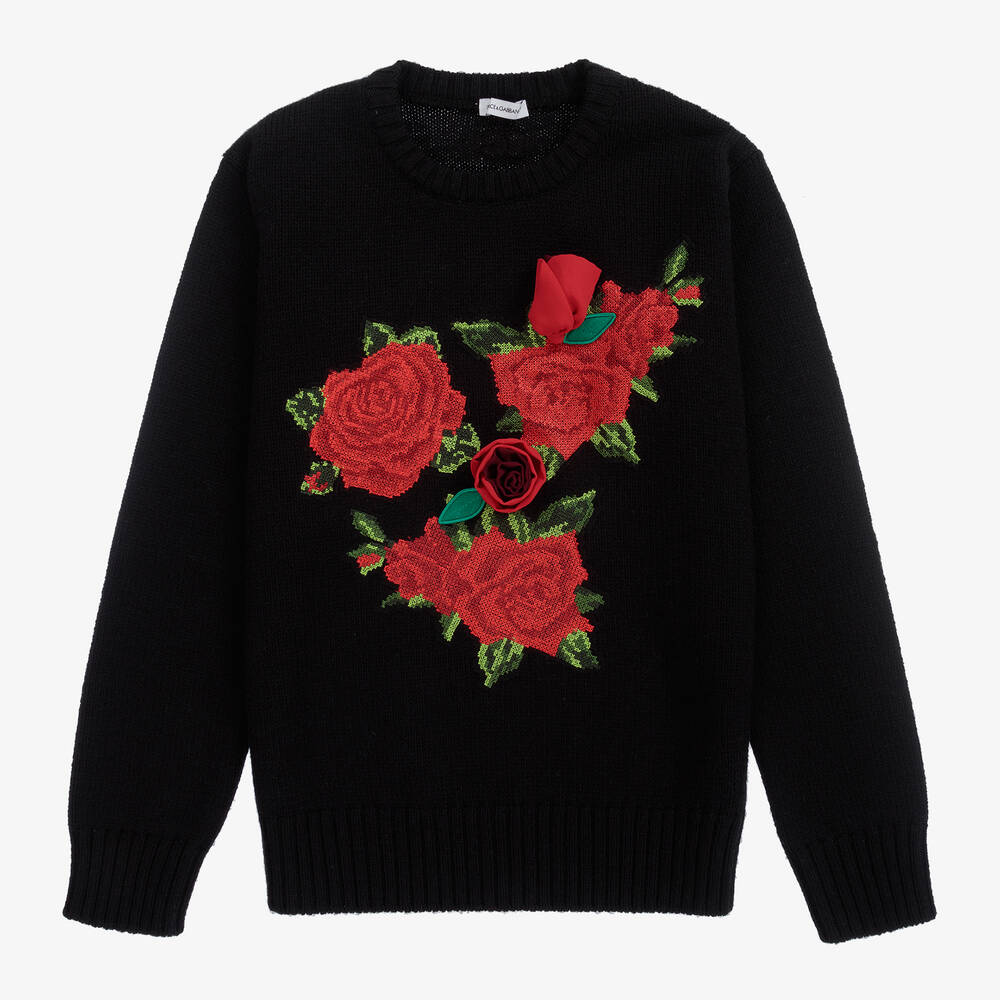 Dolce & Gabbana - Черный свитер с розами и логотипом для подростков | Childrensalon