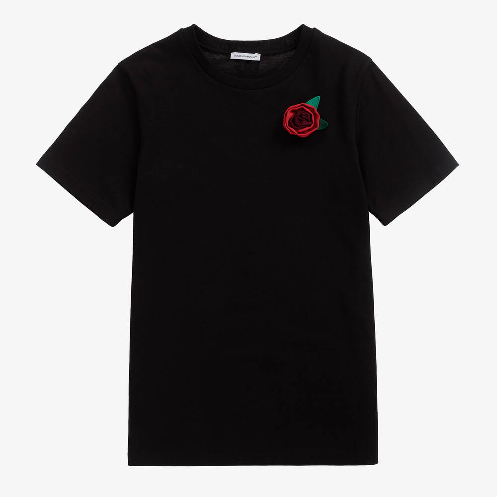 Dolce & Gabbana - Черная футболка с розой для подростков | Childrensalon