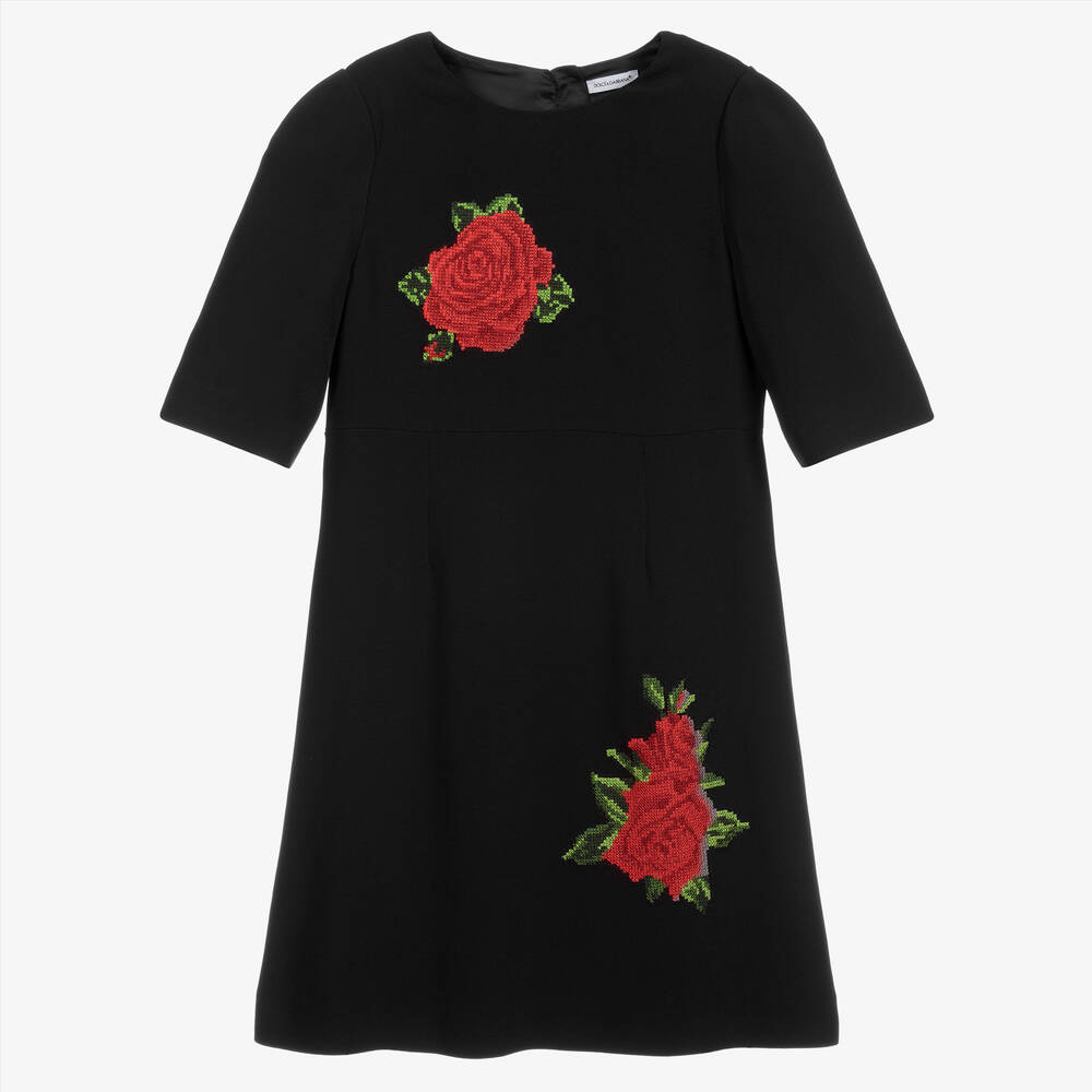 Dolce & Gabbana-فستان فيسكوز كريب مطرز لون أسود وأحمر | Childrensalon Outlet