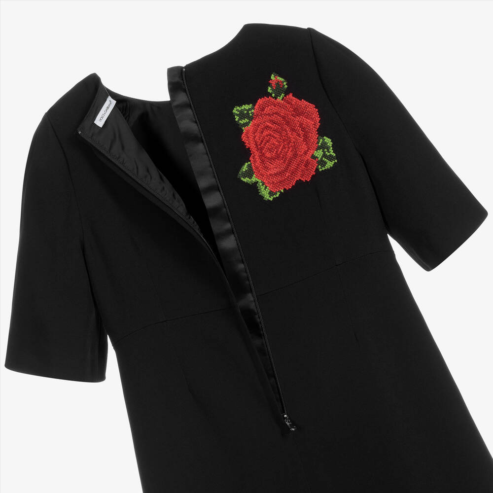 Dolce & Gabbana-فستان فيسكوز كريب مطرز لون أسود وأحمر | Childrensalon Outlet