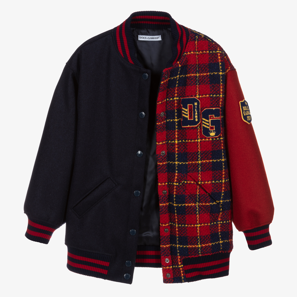 دولتشي آند غابانا-جاكيت بومبر تينز بناتي مزيج صوف لون أحمر وكحلي | Childrensalon Outlet