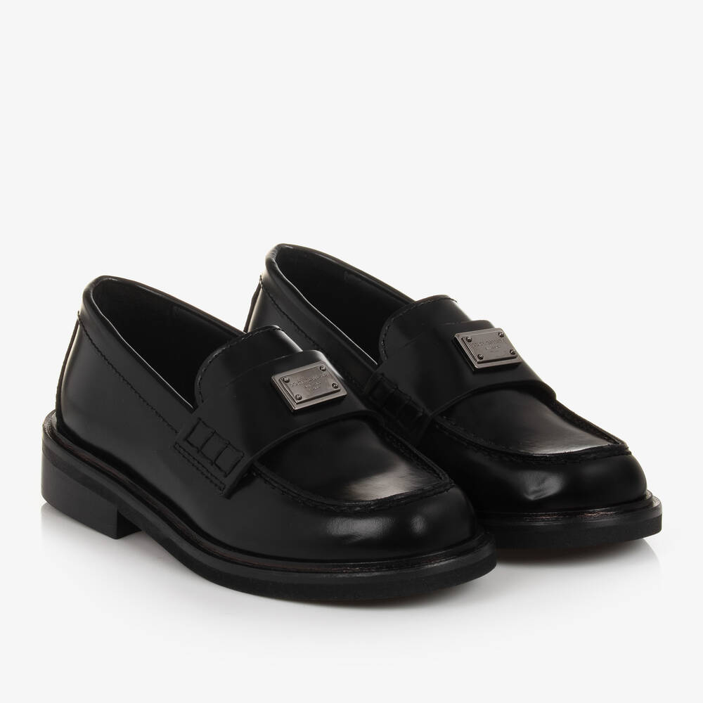 Teen Boys Black Leather Loafers