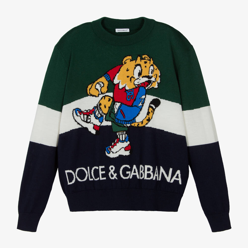 Dolce & Gabbana - Grün gestreifter Teen Pullover mit Tigermotiv für Jungen  | Childrensalon