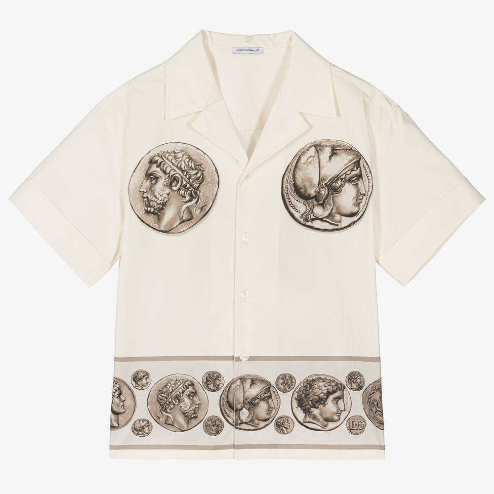 Dolce & Gabbana - Кремовая хлопковая рубашка с римской монетой | Childrensalon