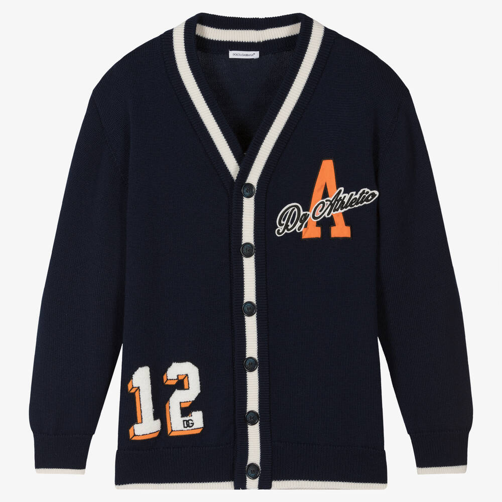 Dolce & Gabbana - Teen Boys Navy Blue Wool Varsity Cardigan | Childrensalon