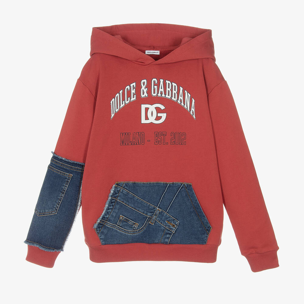 Dolce & Gabbana - Sweat à capuche rouge patchwork ado | Childrensalon