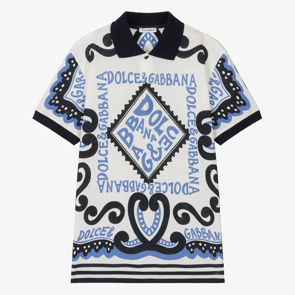 Dolce & Gabbana-Белая рубашка поло из хлопка с принтом Marina для мальчиков-подростков | Childrensalon Outlet