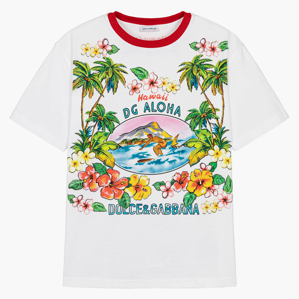 Dolce & Gabbana-Teen Boys White Hawaiian Cotton T-Shirt | Childrensalon Outlet
