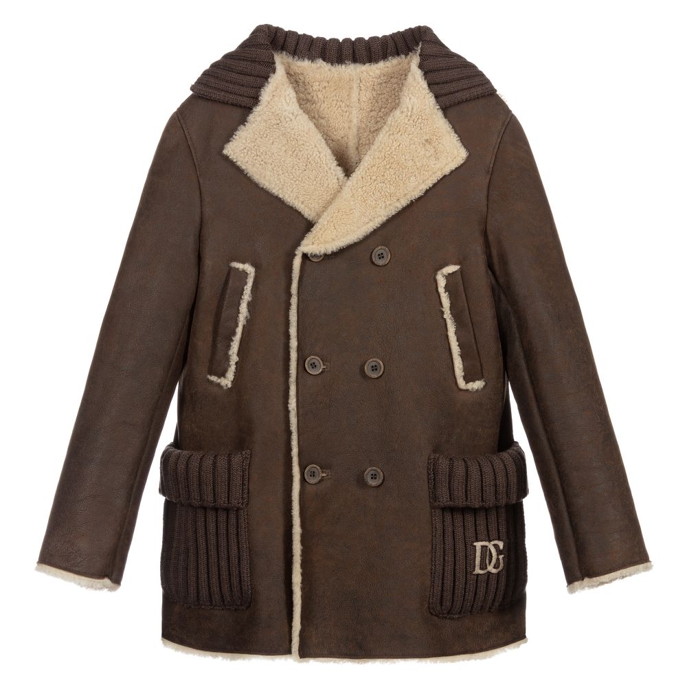 Dolce & Gabbana - Teen Brown Logo Shearling Coat | Childrensalon