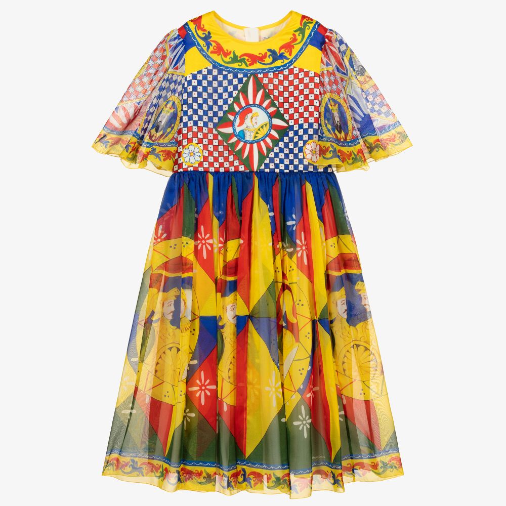 Dolce & Gabbana - فستان حرير شيفون لون أصفر بطبعة كاريتو | Childrensalon