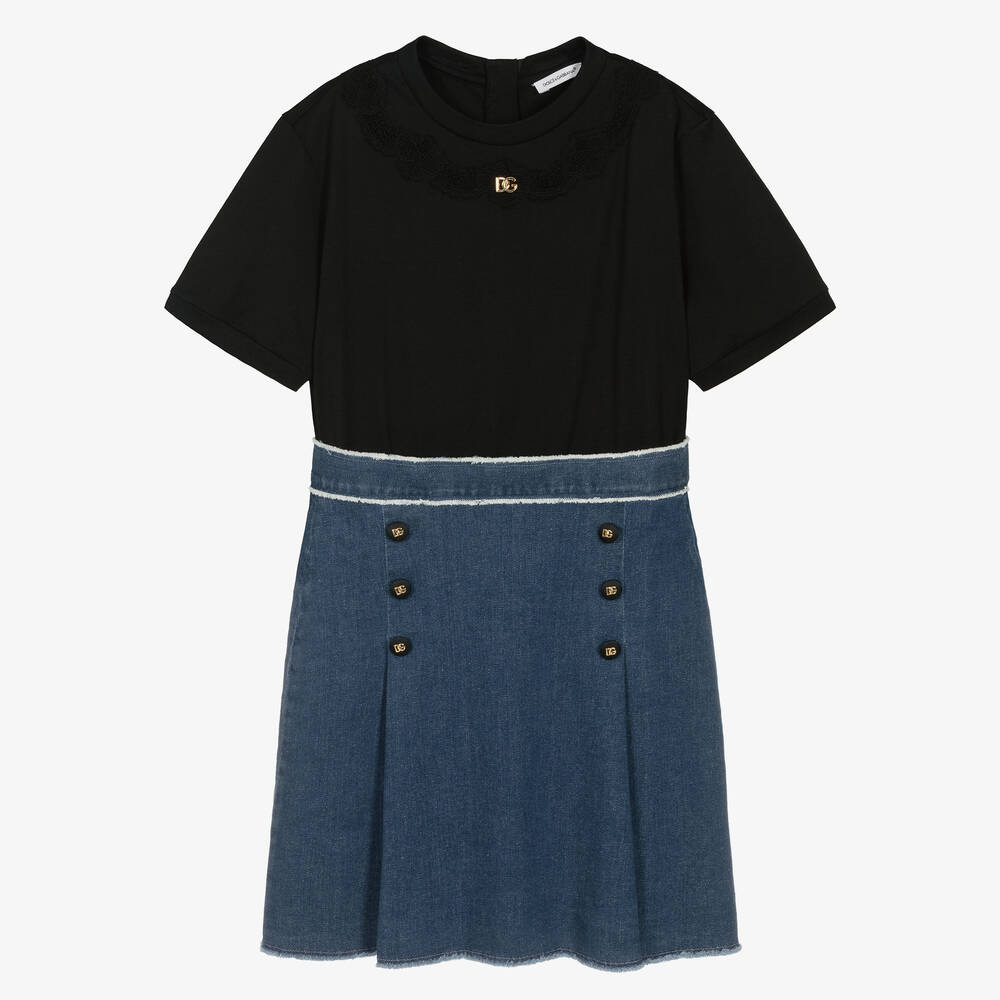 Dolce & Gabbana-فستان تينز بناتي قطن دنيم لون أزرق وأسود | Childrensalon Outlet