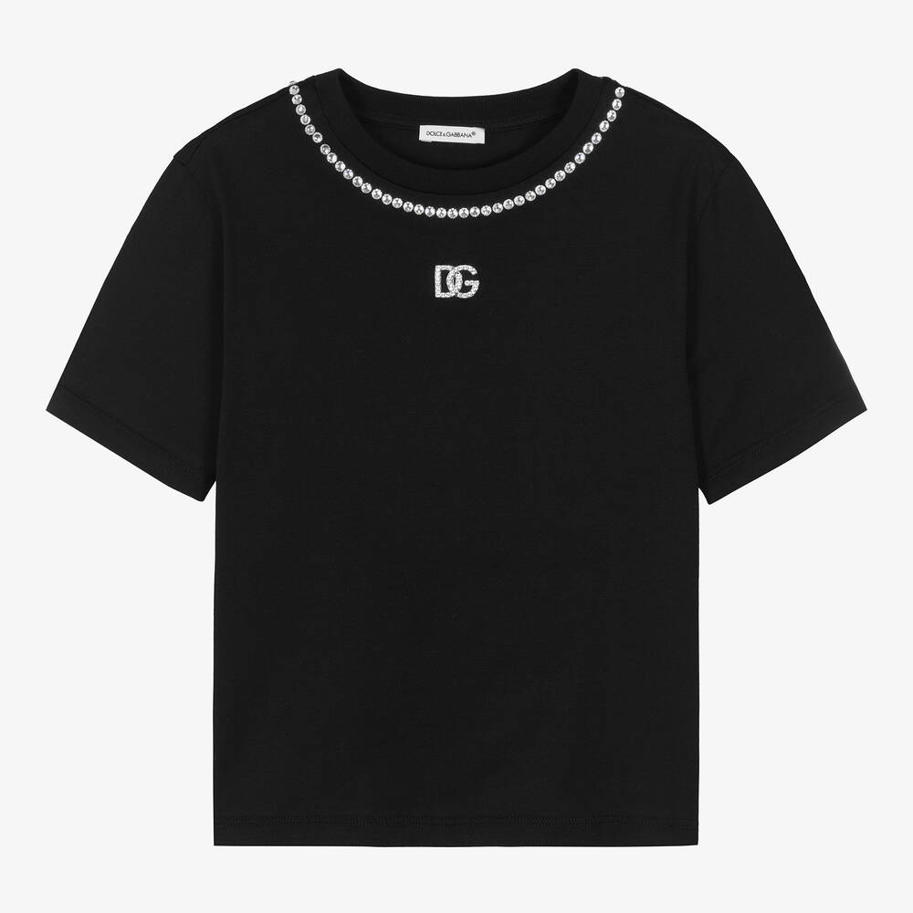 Dolce & Gabbana - Teen Girls Black Cotton DG Rhinestone T-Shirt | Childrensalon