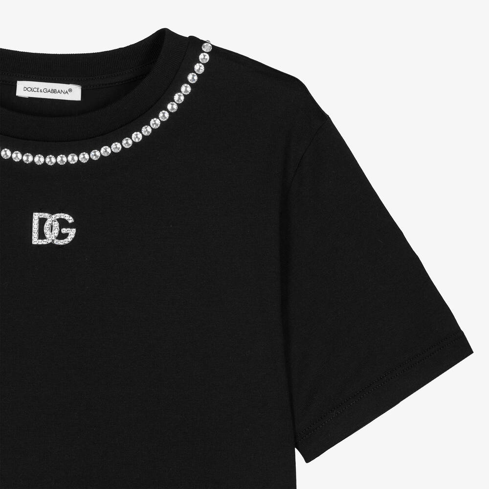 Dolce & Gabbana - Teen Girls Black Cotton DG Rhinestone T Dolce & Gabbana - Teen Girls Black Cotton DG Rhinestone T