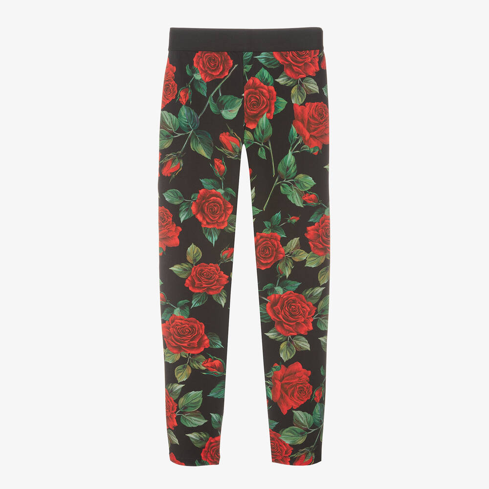 Dolce Gabbana Teen Girls Black Cotton Rose Leggings