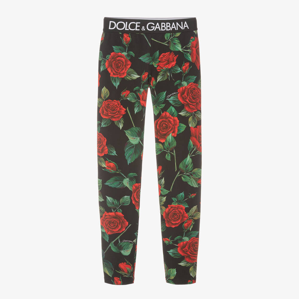 Dolce & Gabbana - Legging noir en coton à roses ado | Childrensalon