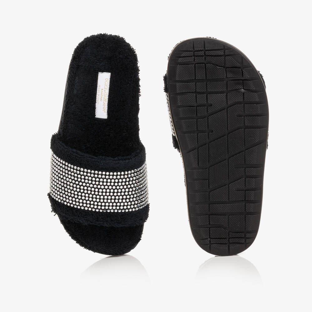 Dolce & Gabbana-Черные махровые шлепанцы со стразами | Childrensalon Outlet