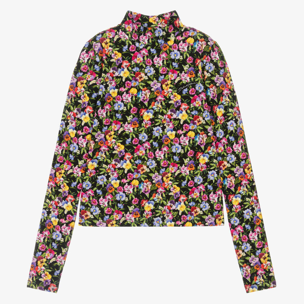 Dolce & Gabbana - Teen Girls Black Floral Turtle Neck Top | Childrensalon