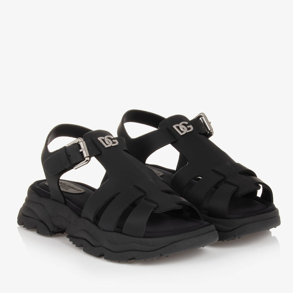 Dolce & Gabbana-Teen Girls Black Leather DG Sandals | Childrensalon Outlet
