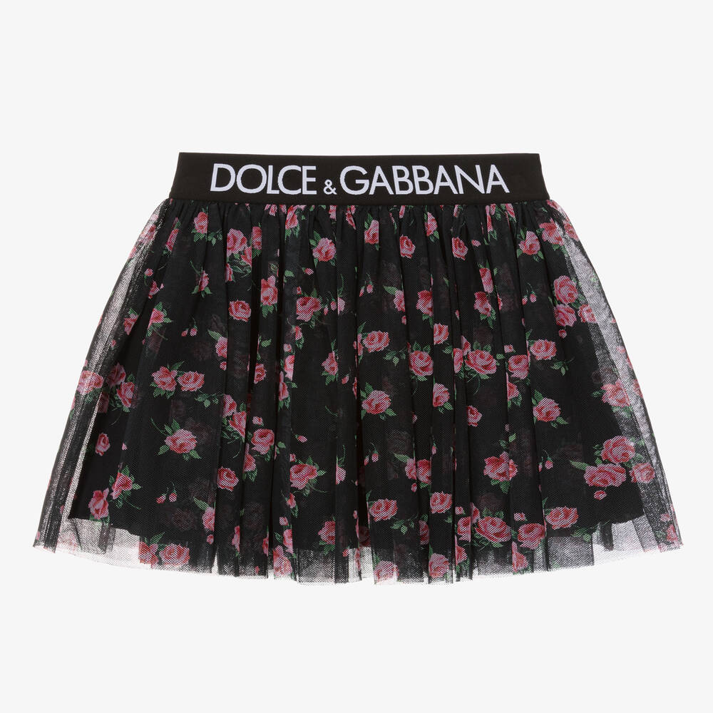 Dolce & Gabbana - تنورة بطبعة ورود تول لون أسود وزهري تينز بناتي | Childrensalon