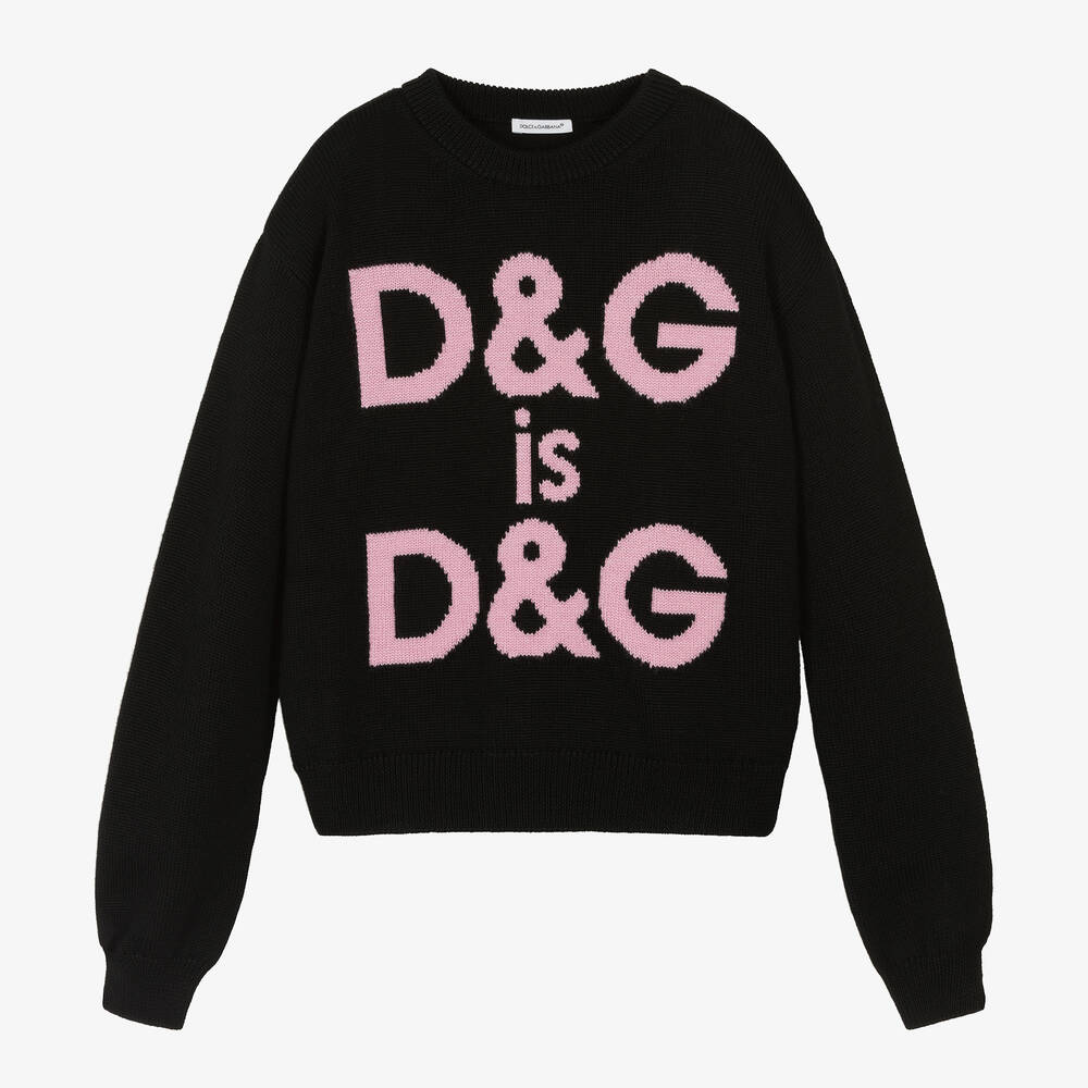 Dolce & Gabbana-بلوفر صوف بكر محبوك لون أسود وزهري للمراهقات | Childrensalon Outlet