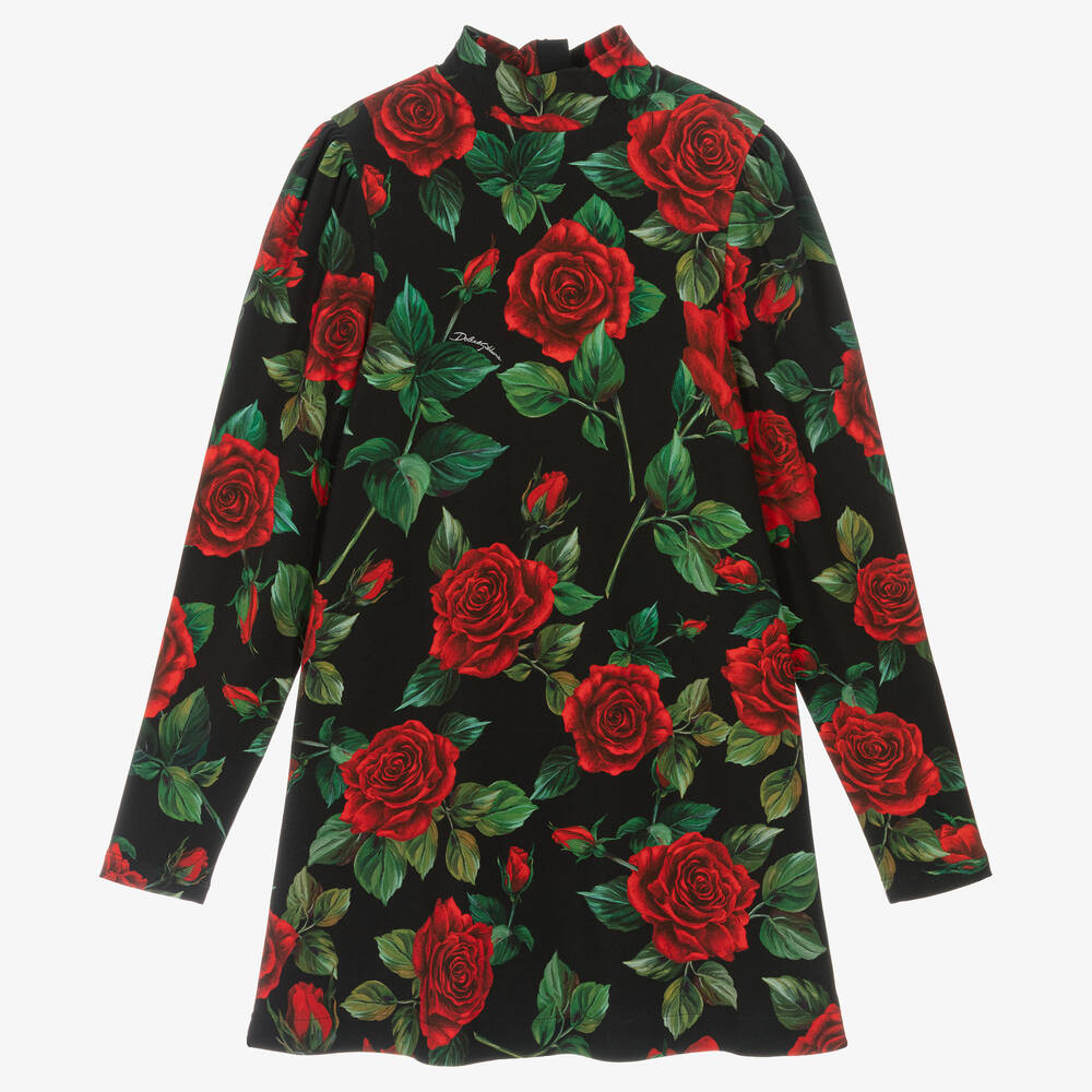 Dolce & Gabbana - Черное хлопковое платье с красными розами | Childrensalon