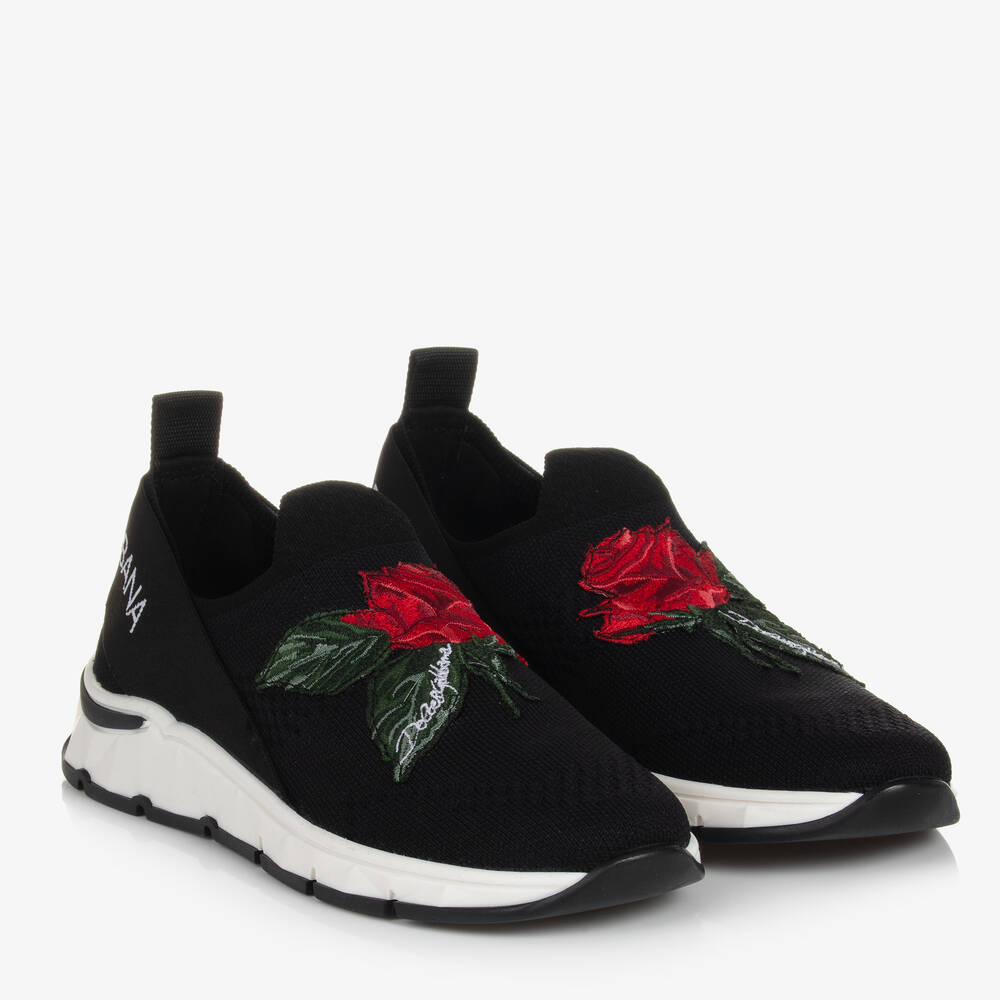 Dolce & Gabbana - Черные кроссовки-слипоны с розами | Childrensalon