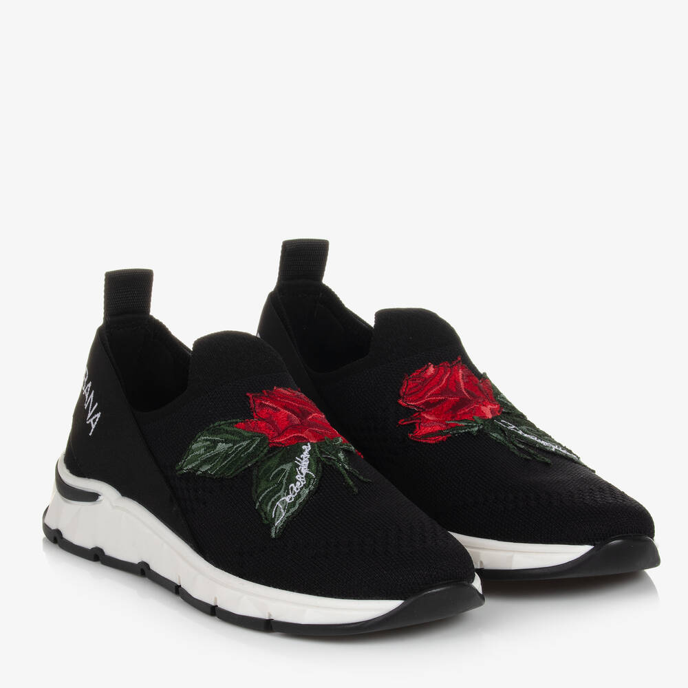 Dolce & Gabbana - Schwarze Teen Schlupfschuhe mit Rosenmotiv für Mädchen | Childrensalon