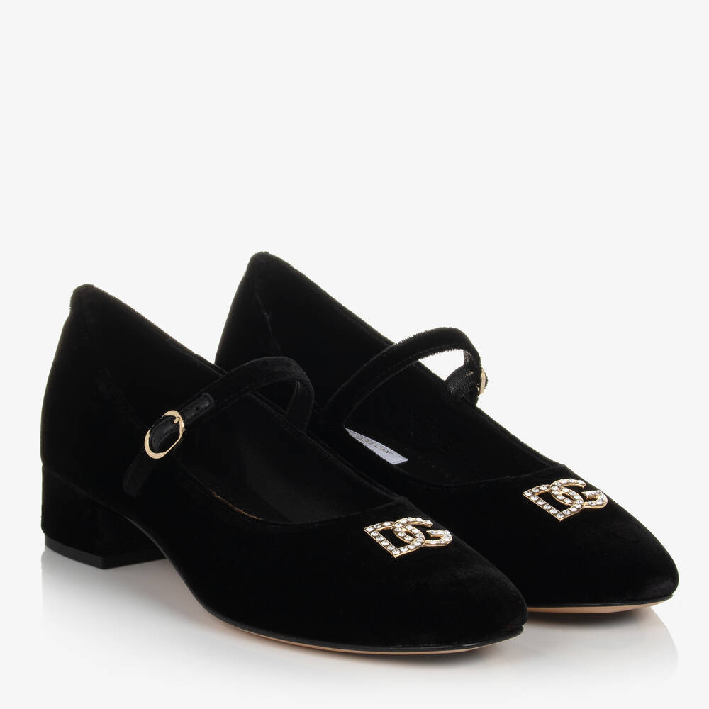 Dolce & Gabbana - Teen Girls Black Velvet DG Bar Shoes | Childrensalon