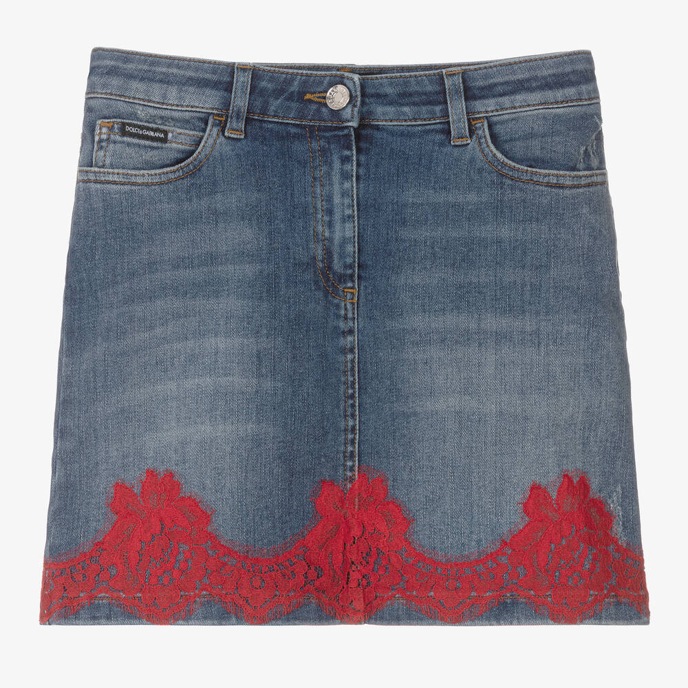 Dolce & Gabbana - Teen Jeansrock mit Spitze blau/rot  | Childrensalon