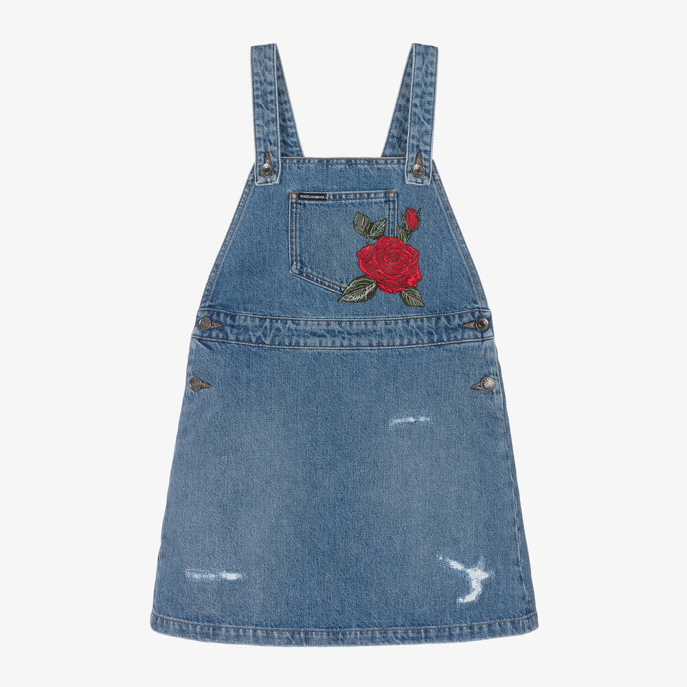 Dolce & Gabbana - Teen Girls Blue Denim Rose Pinafore Dress | Childrensalon