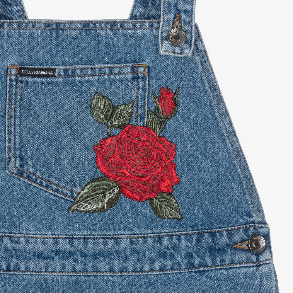 Dolce & Gabbana-Teen Girls Blue Denim Rose Pinafore Dress | Childrensalon Outlet
