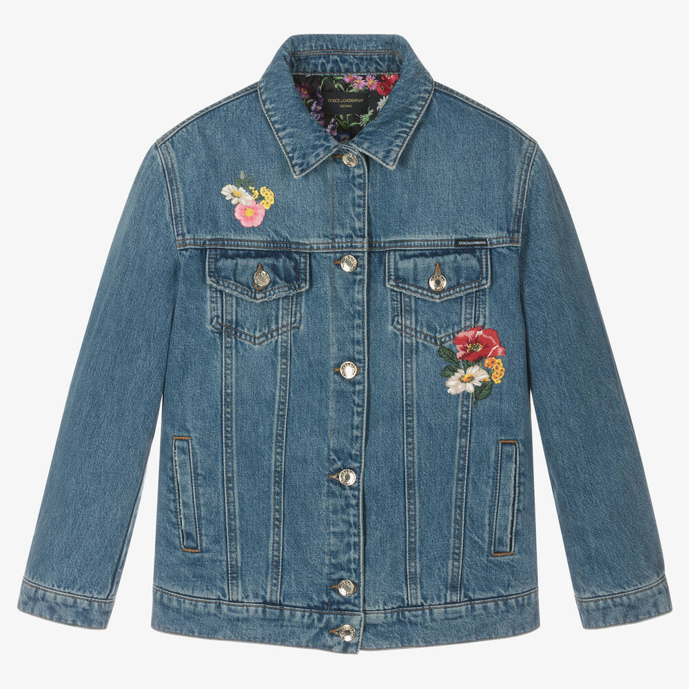 Dolce & Gabbana - Blaue Teen Denimjacke mit Blumenmuster für Mädchen | Childrensalon