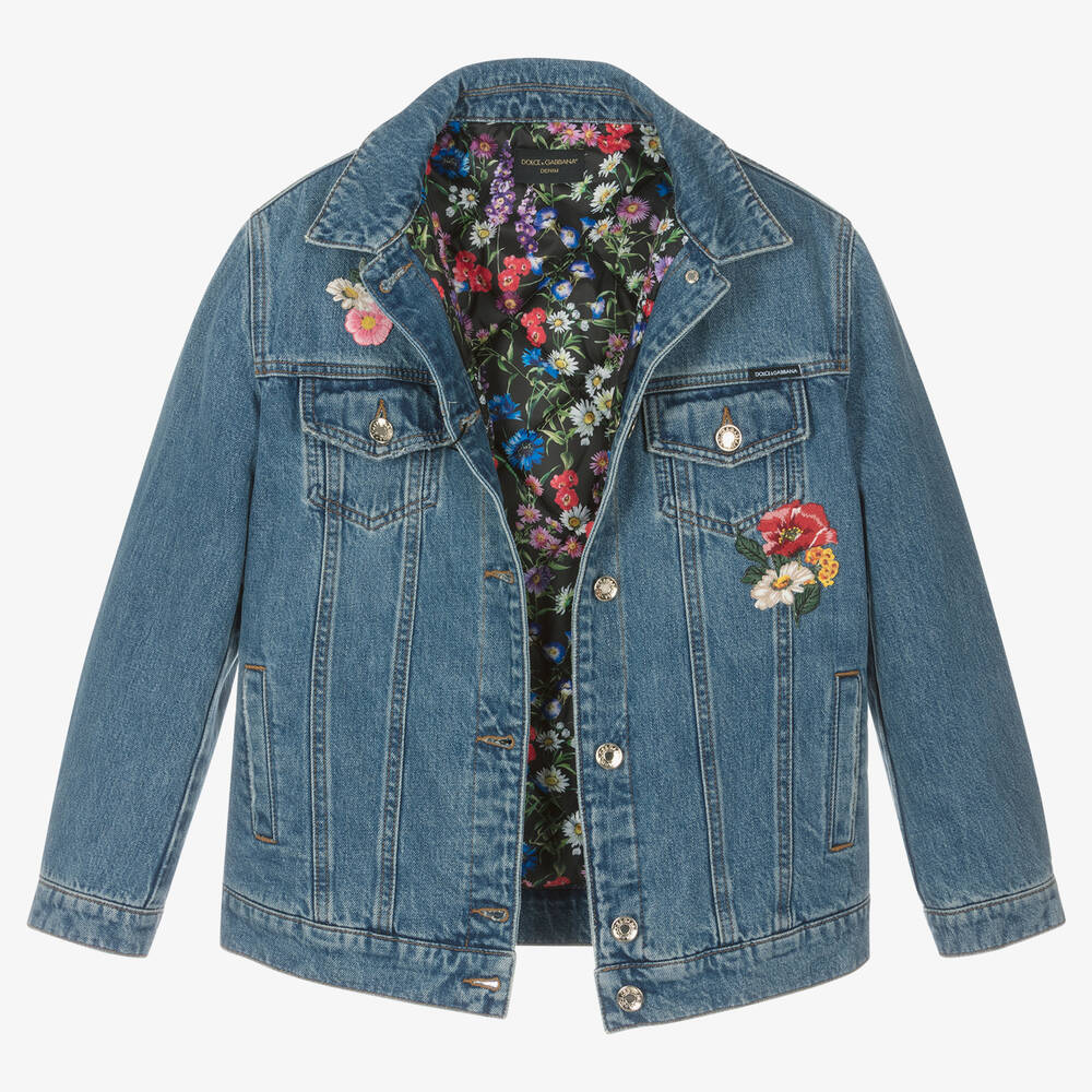 Dolce & Gabbana-Teen Girls Blue Floral Denim Jacket | Childrensalon Outlet