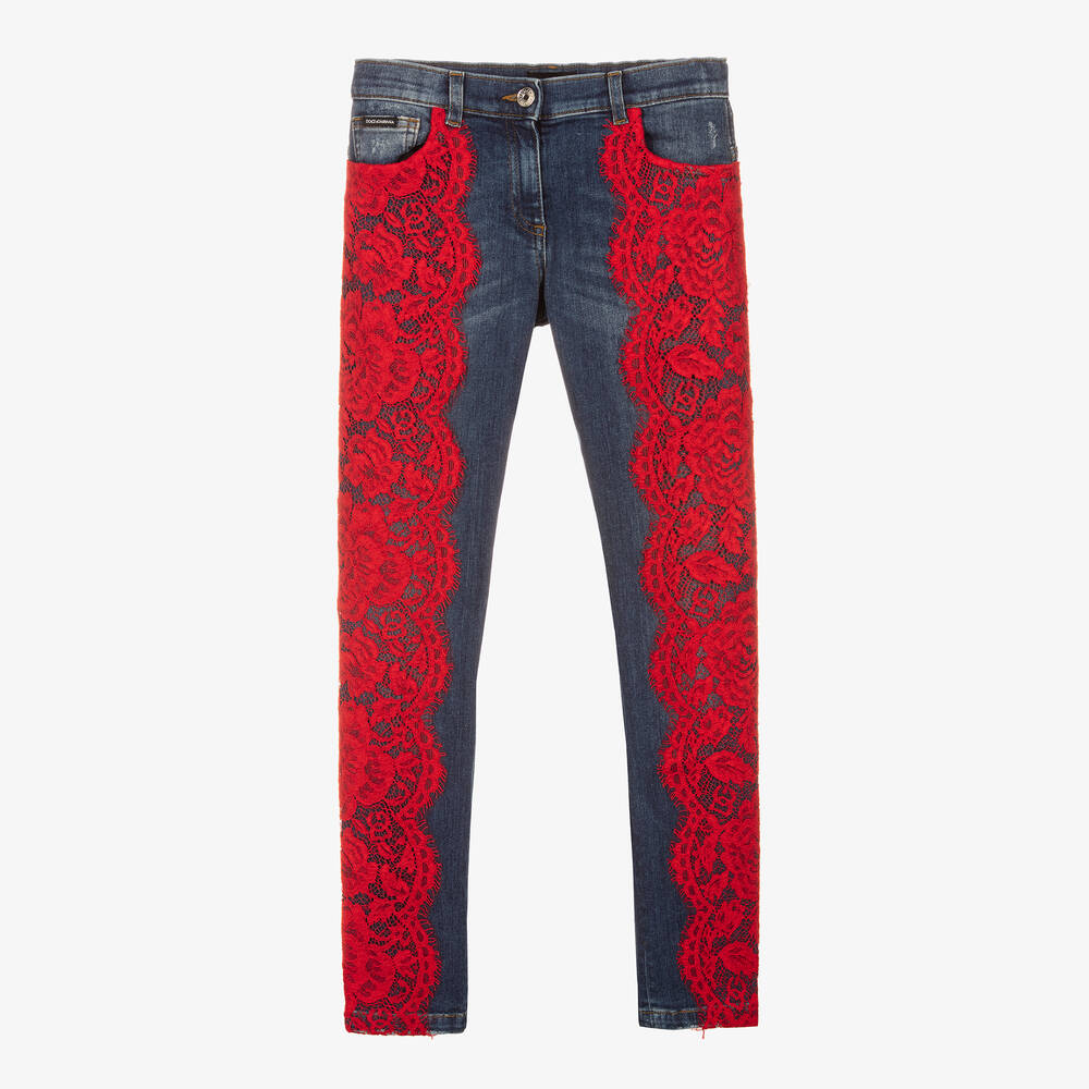 Dolce & Gabbana - Teen Girls Blue Jeans with Red Lace | Childrensalon