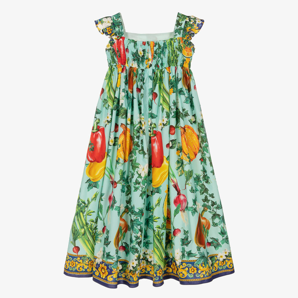Dolce Gabbana Teen Girls Blue Poplin Farmer Print Dress
